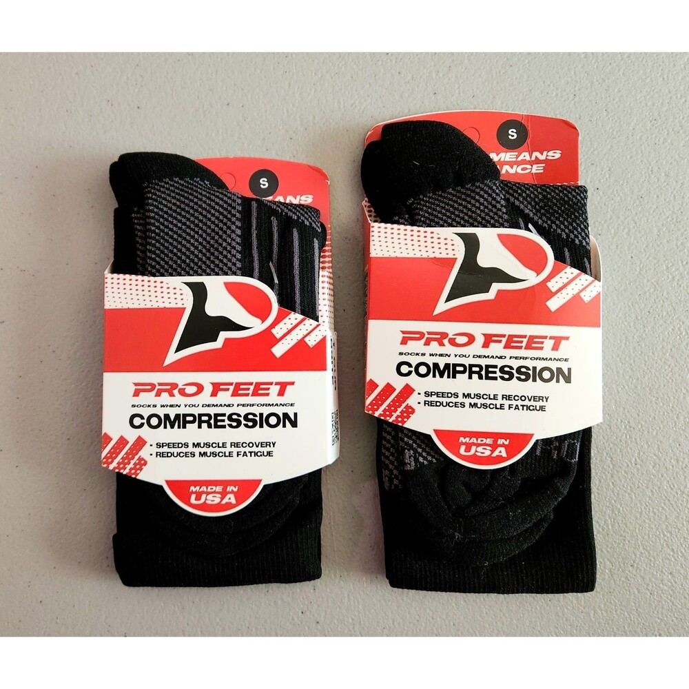 PRO FEET Compression Socks Sz. S (7-9) Black - 2 Pairs Made In USA